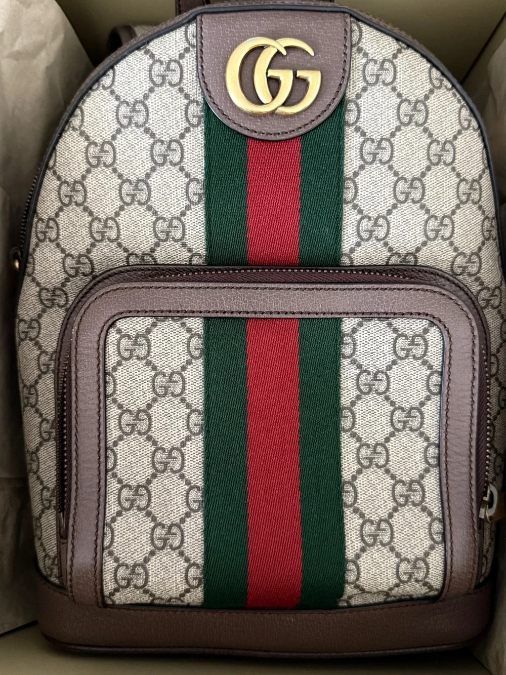 Gucci Beige GG Supreme Canvas Backpack with Green-Red Web Stripe